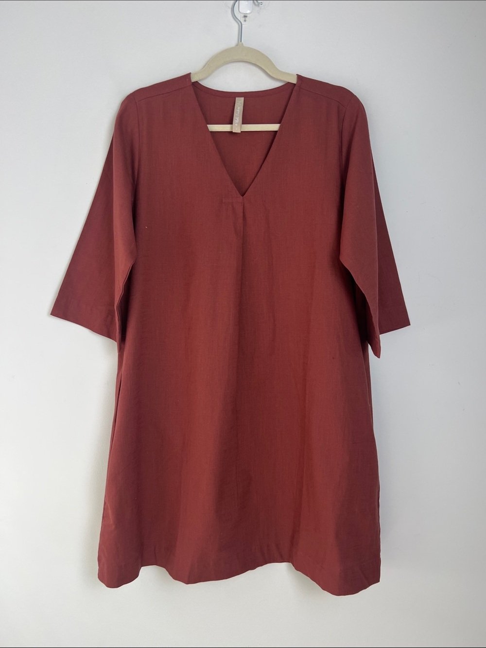 Mata Traders Small 100% Cotton Terracotta V-Neck Lagenlook Minimalist Dress